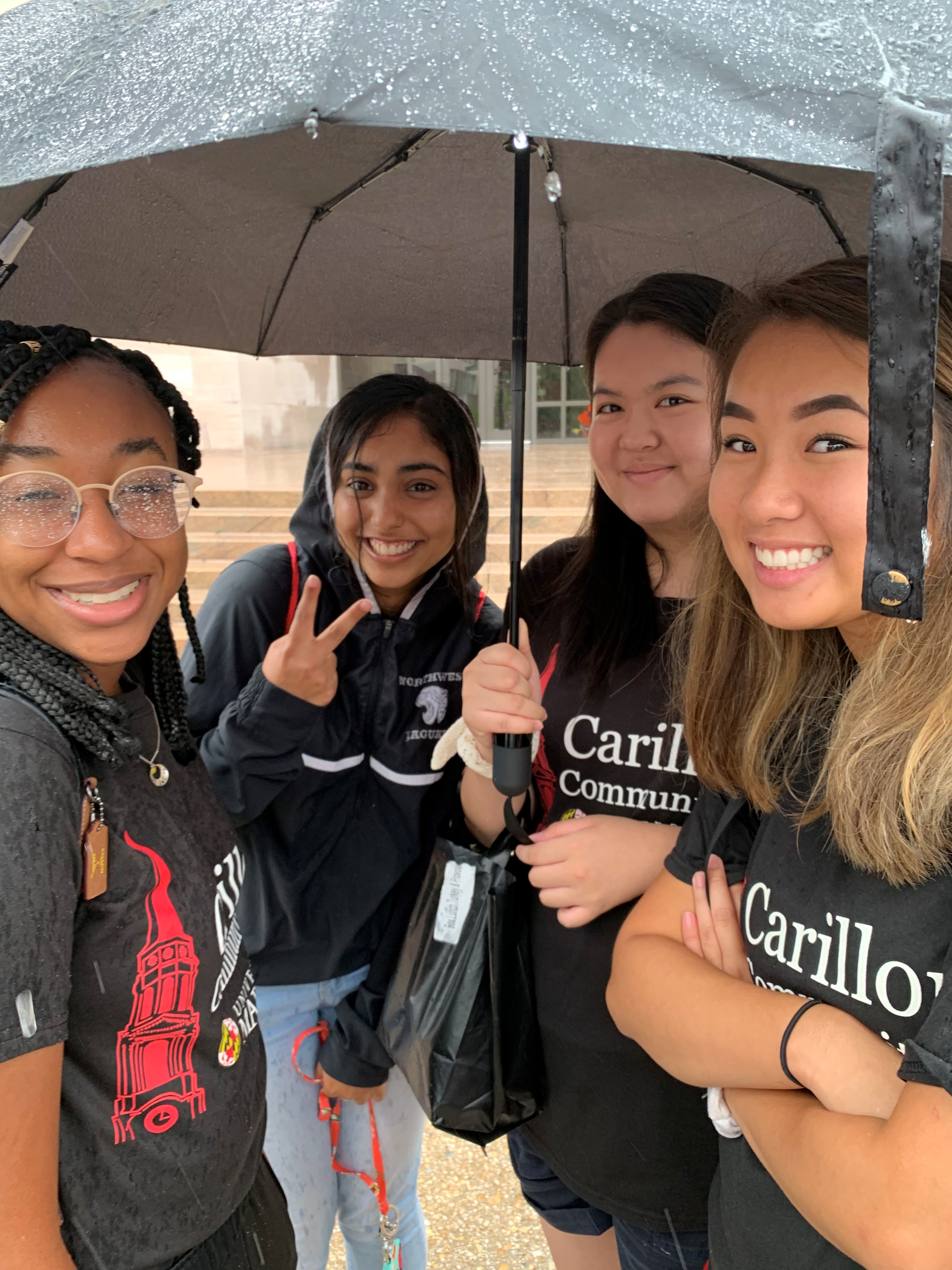 three female students under umbrella in DC