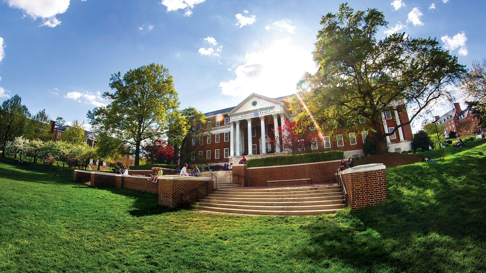 Wide-angle view of McKeldin Library with lens flare.