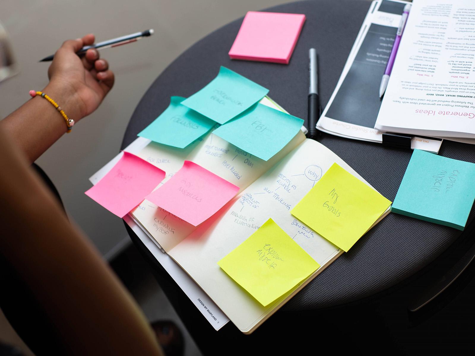 Post-It notes on notebook as part of mind-map exercise